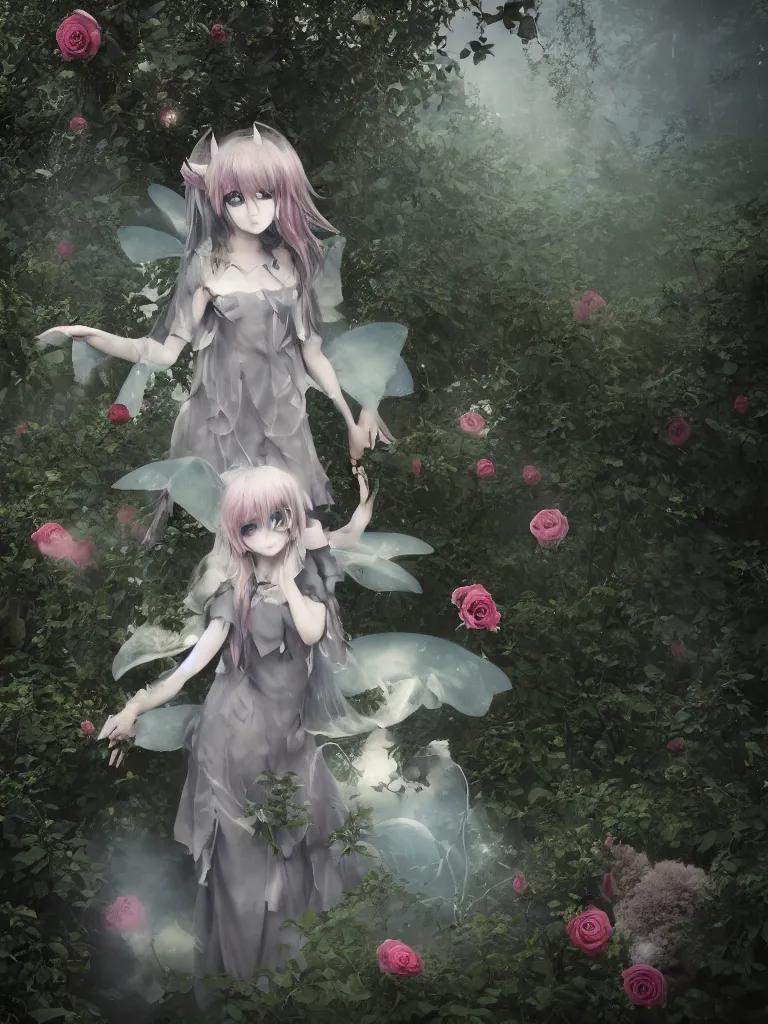 Prompt: cute fumo plush girl among vines in the middle of a foggy dark cursed rose garden under a blue sky, beautiful glowing ethereal gothic magical wraith fairy girl with dark eyes, horns, sheep girl, anime, tattered dress, bokeh, vray