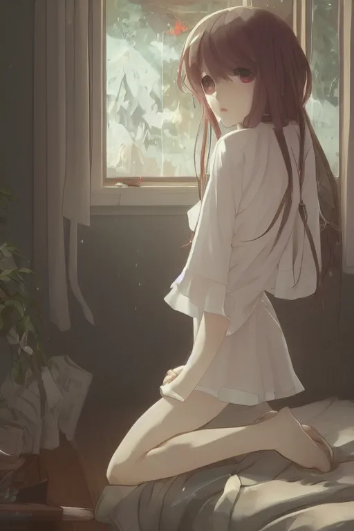 Image similar to a loli in a jk uniform outfit in the bedroom reading a book in a night, raining outside the window, dark and grey theme ， wavy white long hair, by krenz cushart and mucha and akihito yoshida and greg rutkowski and makoto shinkai, detailed eyes, 4 k resolution