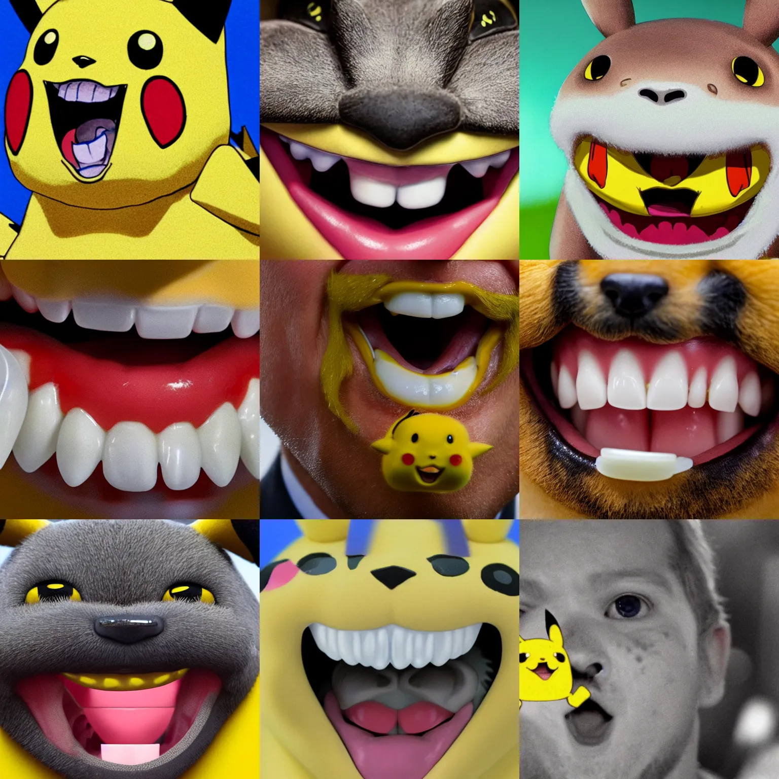 Prompt: A close-up of Pikachu's unwashed teeth. In Pikachu's mouth is an image of Joe Biden