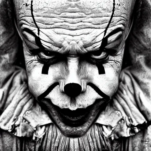 Image similar to Homeless portrait of dirty Pennywise in scrappy clothing, HD, award winning photograph by Lee Jeffries