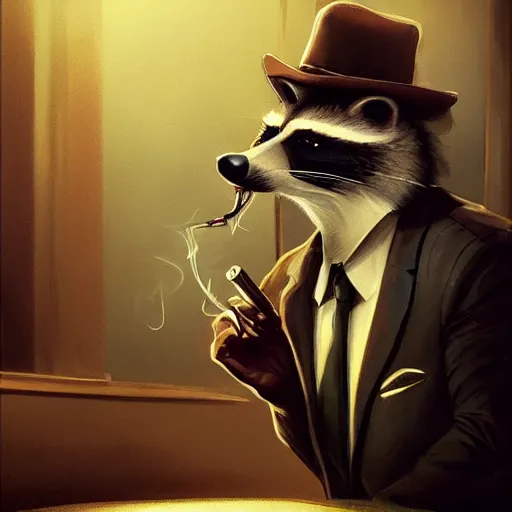 Image similar to a racoon wearing a suit smoking a cigar on his mouth, dramatic lighting, cinematic, establishing shot, extremly high detail, photorealistic, cinematic lighting, artstation, style by James Gurney