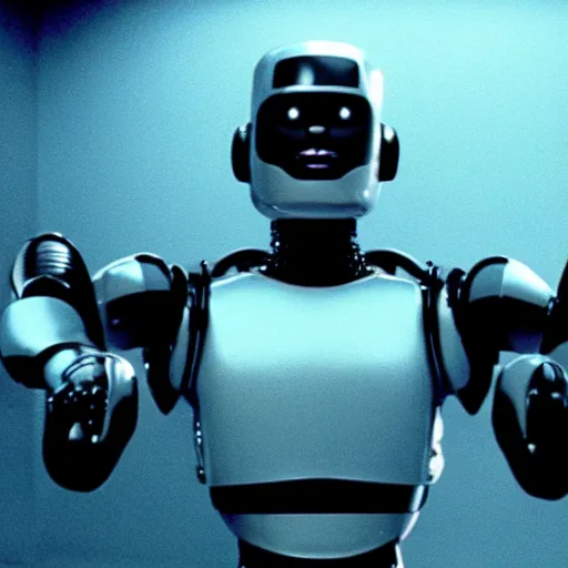 Image similar to movie still of robot michael jackson, cinematic composition, cinematic light, criterion collection, by edgar wright