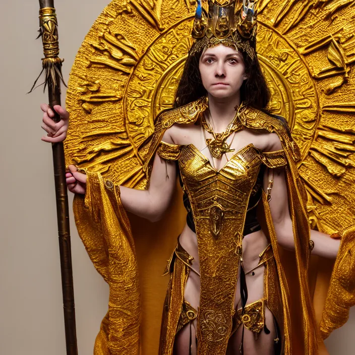 Image similar to photograph of a real-life beautiful sun witch with ornate gold robes and staff. Extremely detailed. 8k