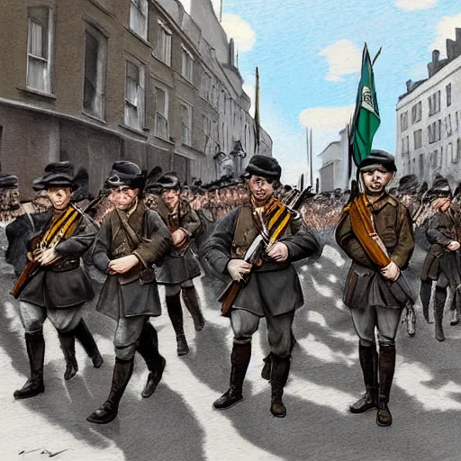 Prompt: irish rebel soldiers in 1 9 1 6 marching down a street in dublin with their rifles, highly detailed, digital painting, concept art, sharp focus, by makoto shinkai