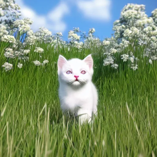 Prompt: white kitten in a field, unreal engine, detailed