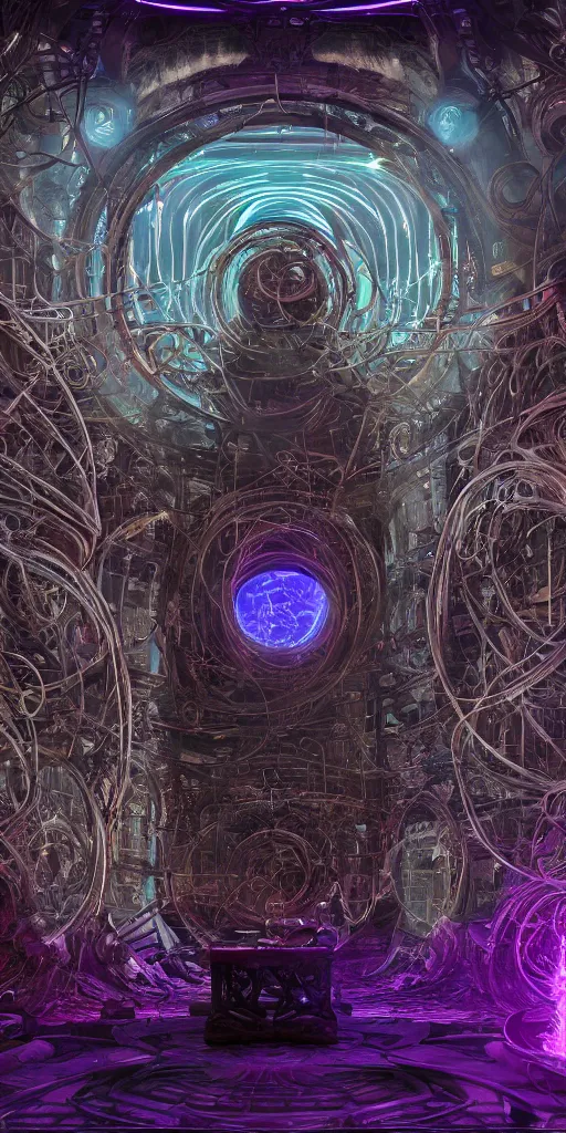 Image similar to a centered realistic render of a post apocalyptic portal surrounded by glowing fractals and ornate flowing light streams sacred geometry, high contrast, by beeple, by donato giancola, unreal engine