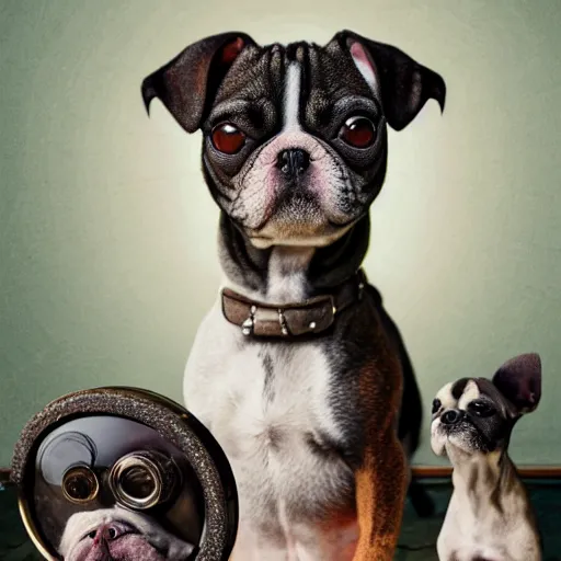 Prompt: closeup portrait of little dogs with bazooka retro living room of dog family, depth of field, zeiss lens, detailed, centered, fashion photoshoot, by nicoletta ceccoli, mark ryden, lostfish, breathtaking, 8 k resolution, extremely detailed, beautiful, establishing shot, artistic, hyperrealistic, octane render,