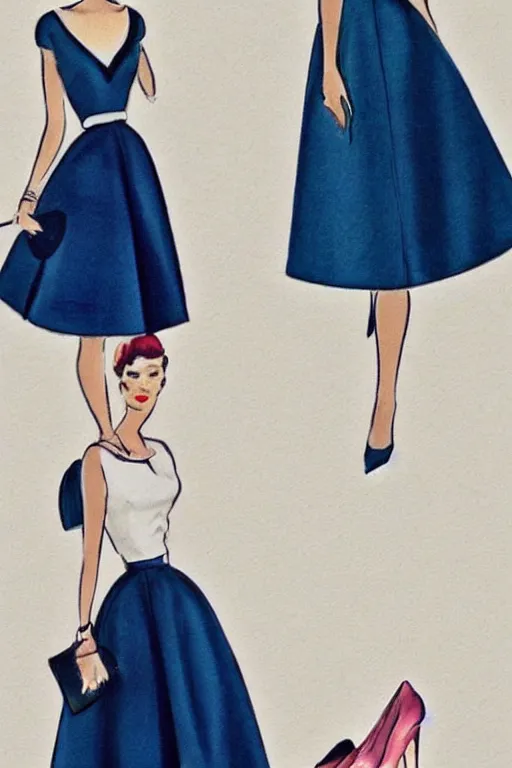 Image similar to an elegant fashion illustration of a beautiful blue 5 0 s outfit