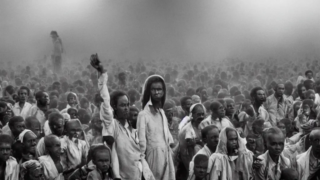 Prompt: 1984 Ethiopian famine, Live Aid, atmospheric, dark, portrait picture, movie scene, hd, 4k, wide angle