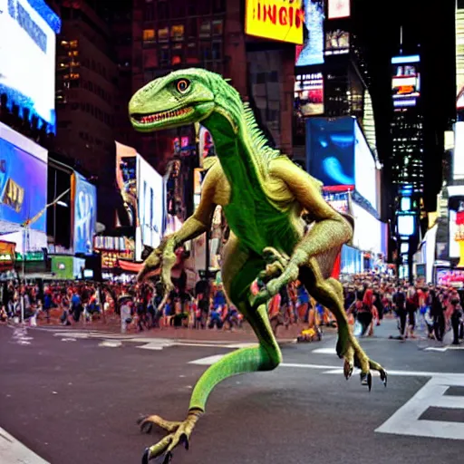 Image similar to velociraptor in Times Square, real photo