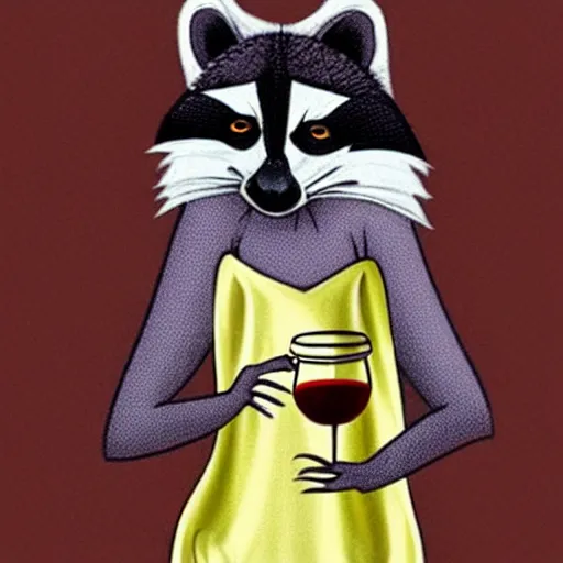 Image similar to a racoon wearing an elegant night gown holding a cup of wine