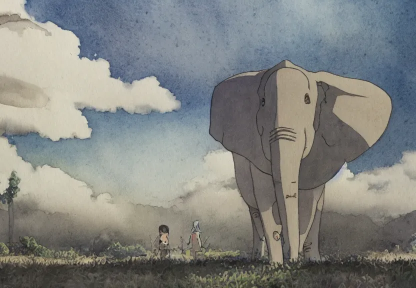 Image similar to a hyperrealist watercolor concept art from a studio ghibli film showing one giant grey elephant. a temple is under construction in the background in india on a misty and starry night. by studio ghibli. very dull muted colors