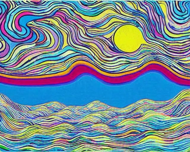 Image similar to Ocean waves in a psychedelic dream world. David Hockney. Takashi Murakami. Minimalist.