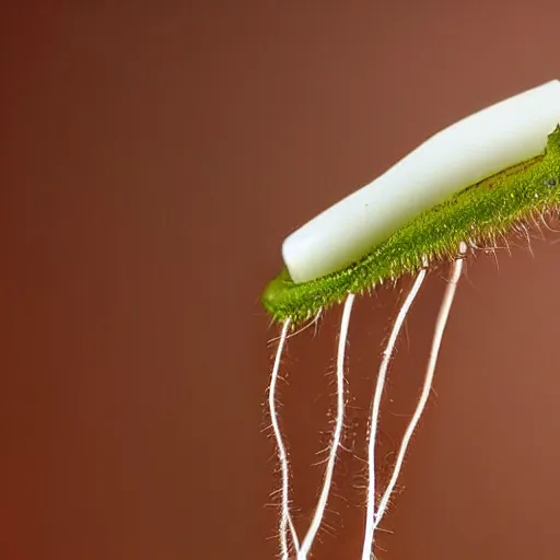 Prompt: a carnivorous plant with white needle-like teeth, photo of a plant growing showing its roots underground, plant photography