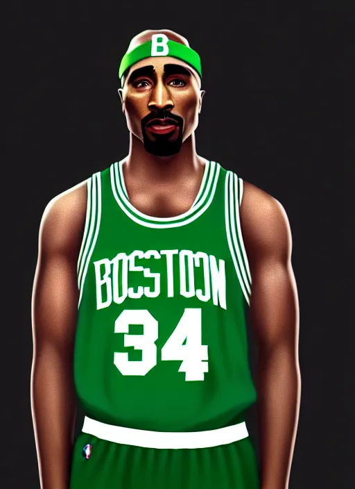 Image similar to portrait of tupac shakur, boston celtics jersey number 3 4, green, white, cartoon digital art, oil on canvas, trending on artstation, octane render