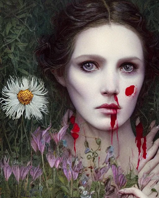Prompt: a beautiful but sinister and creepy woman in layers of fear, with haunted eyes, violence in her eyes, putting on lipgloss, 1 9 7 0 s, seventies, delicate embellishments, a little blood, woodland, moonlight shining on wildflowers, painterly, offset printing technique, by alexandre cabanel, mary jane ansell