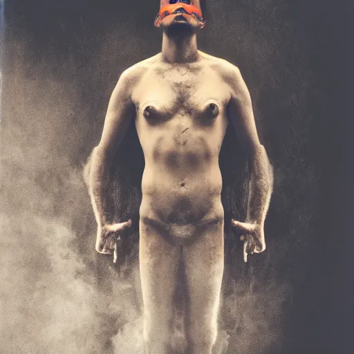 Image similar to realistic expired kodak film full body portrait of an fire performer,, hyperrealism, hypermaxiymalism, photorealistic, detailed, atmospheric, 8 k, award winning photography, cinematic