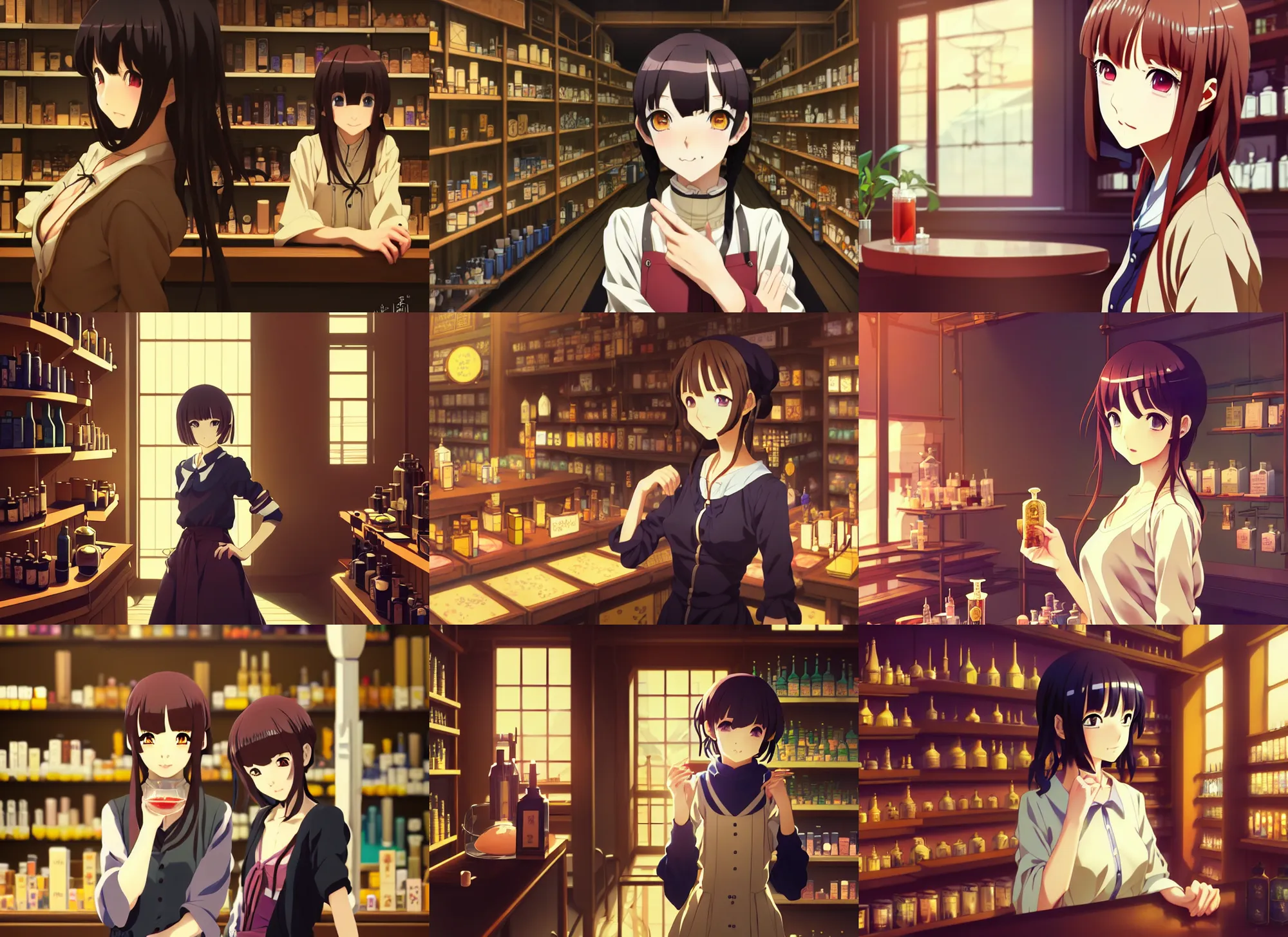 Prompt: anime visual, portrait of a young female traveler in a alchemist's potion shop interior shopping, low light, cute face by ilya kuvshinov, yoh yoshinari, makoto shinkai, katsura masakazu, dynamic pose, dynamic perspective, cel shaded, flat shading mucha, crisp and sharp, rounded eyes, moody, detailed facial features