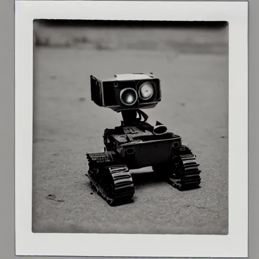 Image similar to WALL-E returning from the war, old polaroid