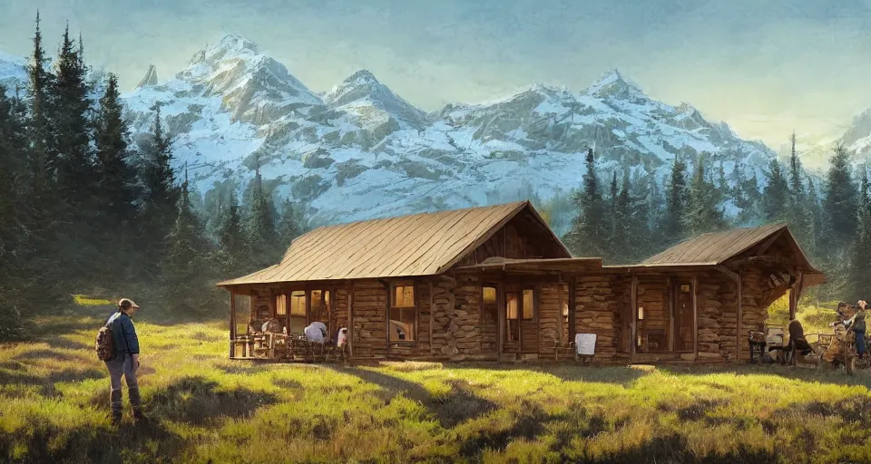 Image similar to cabela's beautiful comfortable modular pop - up insulated all terrain family dwelling, cabin,, person in foreground, mountainous forested wilderness open fields, beautiful views, painterly concept art, joanna gaines, environmental concept art, farmhouse, magnolia, concept art illustration, by james gurney, by craig mullins, by greg rutkowski trending on artstation