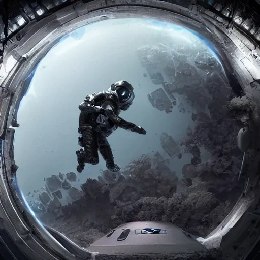 Image similar to concept art by craig mullins astronaut in futuristic dark and empty spaceship underwater. infrared complex and hyperdetailed technical suit. mandelbulb fractal. reflection and dispersion materials. rays and dispersion of light. volumetric light. 5 0 mm, f / 3 2. bokeh. noise film photo. flash photography. unreal engine 4, octane render. interstellar movie art