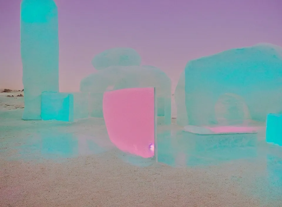 Image similar to a pastel coloured vintage family holiday photo of an empty beach from an alien dreamstate world with chalky pink iridescent!! sand, reflective lavender ocean water, dim bioluminescent plant life and an igloo shaped shiny plastic transparent multi storey car park. glare. refraction, volumetric light.