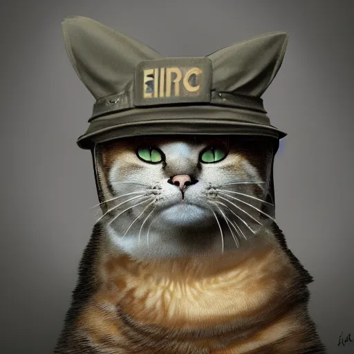 Prompt: a cat wearing a general\'s hat, it has an arrogant look and looks closely at you, epic full shot, cinematic lighting, matte painting, Artstationhd, 8k, , award winning on Artstation, hyper detailed, hyper realistic