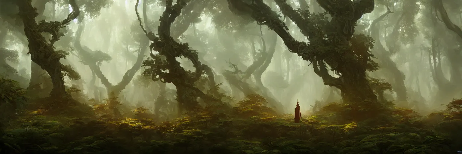 Prompt: Mysterious beautiful Buddhist forest, matte painting by Peter Mohrbacher and Craig Mullins, featured in artstation, octane render, cinematic, elegant, intricate, 8k