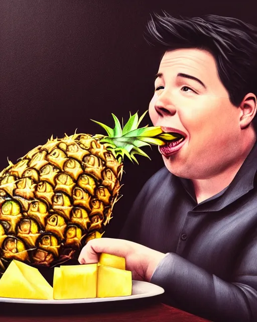 Prompt: Portrait of a drunk Michael Mcintyre eating a pineapple in a nightclub in Porto,real life skin, intricate, elegant, highly detailed, artstation, concept art, smooth, sharp focus, photo