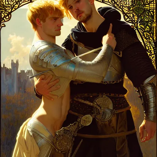 Image similar to attractive arthur pendragon and his favourite attractive male knight, they are in love, camelot, natural lighting, path traced, highly detailed, high quality, digital painting, by gaston bussiere and ross tran and j. c. leyendecker and alphonse mucha