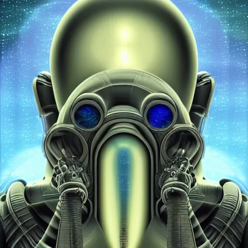 Image similar to a detailed 3 d render of a fashionable vin diesel extraterrestrial wearing a cybernetic majick celtic gas mask among the buildings of futuristic landscape in the style of william blake and alex grey and escher in the style of dark fantasy, fantasy art deco, magic realism, award winning art, muted colors,