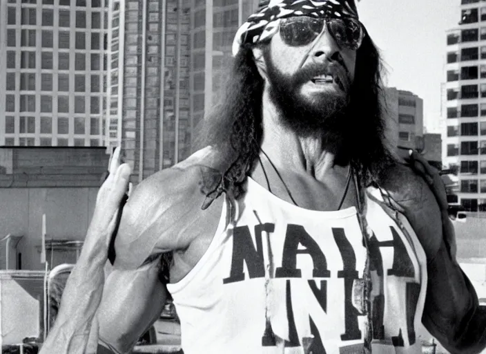 Image similar to film still of Randy Savage as Nada in They Live 1988