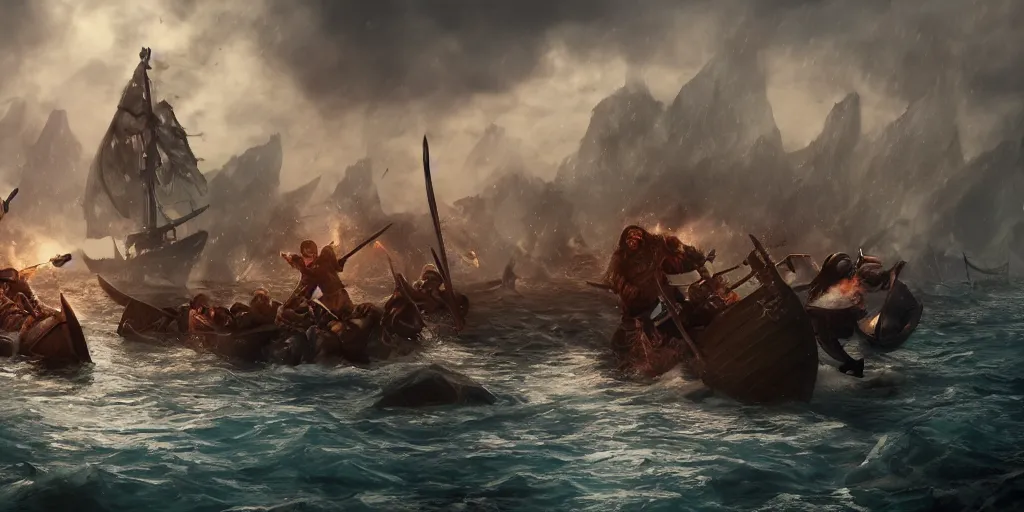 Image similar to Viking battle at sea, by WLOP, fire, epic scenery, dark fantasy, concept art, detailed, realistic, render, unreal engine 4K, trending on Artstation