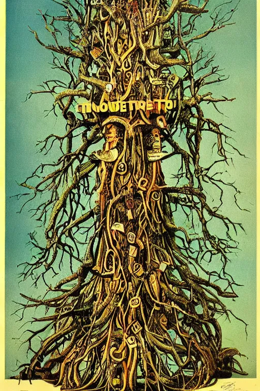 Prompt: vintage magazine advertisement depicting all of the knowledge in the world as a tree, by hr giger