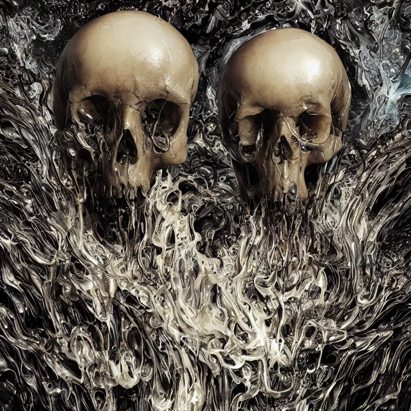 Image similar to a melting dripping human skull. ferrofluids, melted metal, burning water distortions. intricate abstract. intricate artwork. by Tooth Wu, wlop, beeple, dan mumford. octane render, trending on artstation, greg rutkowski very coherent symmetrical artwork. cinematic, hyper realism, high detail, octane render, 8k, depth of field, bokeh. iridescent accents