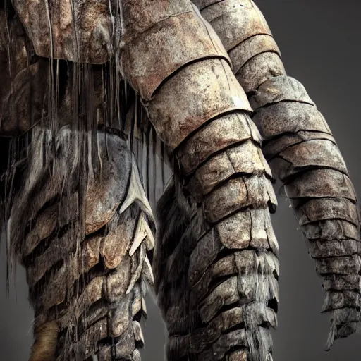 Image similar to hyperrealistic mixed media image of mammoth tusk and mammoth hide armor from skyrim, stunning 3 d render inspired art by greg rutkowski and xiang duan and thomas eakes, perfect facial symmetry, flesh texture, realistic, highly detailed attributes and atmosphere, dim volumetric cinematic lighting, 8 k octane detailed render, post - processing, masterpiece,