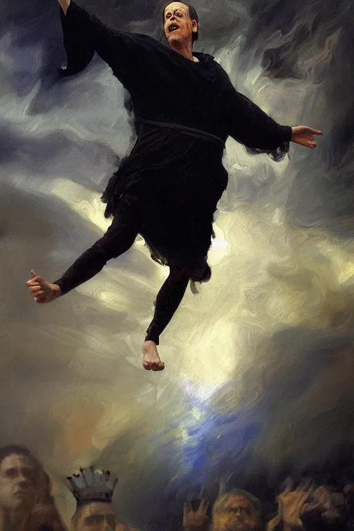 Image similar to beautiful detailed expressive impressionistic oil painting portrait of ancient roman god emperor steve buscemi levitating, ascending into the dark wearing the civic crown, renaissance painting, black background, art by anders zorn, wonderful masterpiece by greg rutkowski, expressive brush strokes, beautiful cinematic light, american romanticism by greg manchess, jessica rossier