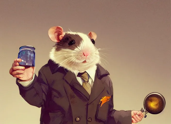 Image similar to portrait of a cute pet rat dressed as an english professor, standing in a chemistry lab, digital art, artstation, fantasy, cinematic, fine details by realistic shaded lighting poster by ilya kuvshinov katsuhiro otomo, magali villeneuve, artgerm, jeremy lipkin and michael garmash and rob rey