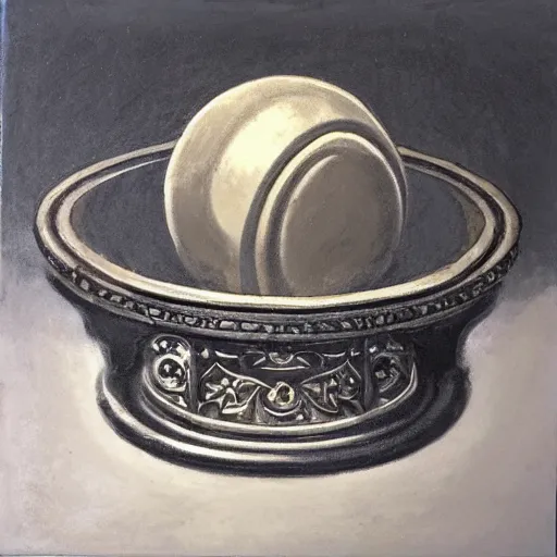 Image similar to in the center lays an ancient chromed artifact in the shape of a heavy ring, ornate with gentle shine from within. the ring lays on top of a marbled pedestal. the pedestal is in front of a dark misty balcony at night. beautiful lighting. dark moody fantasy art, realistic still life renaissance pastel painting.
