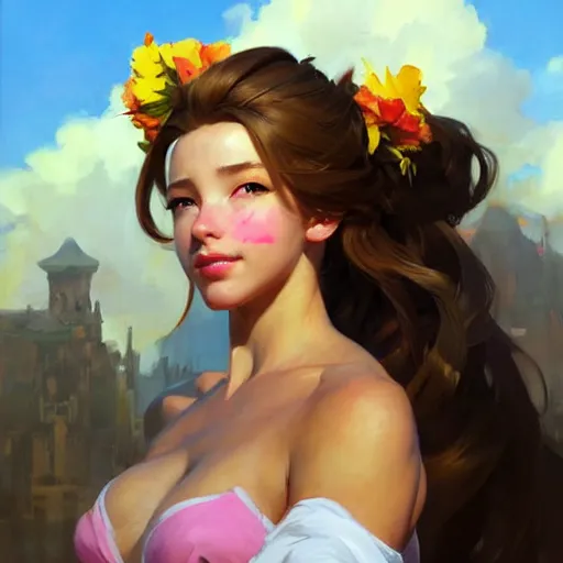 Image similar to Greg Manchess portrait painting o Aerith Gainsborough as Overwatch character, medium shot, asymmetrical, profile picture, Organic Painting, sunny day, Matte Painting, bold shapes, hard edges, street art, trending on artstation, by Huang Guangjian and Gil Elvgren and Sachin Teng