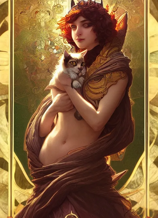 Image similar to photography of a cat tarot card, deep focus, d & d, fantasy, intricate, elegant, highly detailed, digital painting, artstation, concept art, matte, sharp focus, illustration, hearthstone, magic the gathering, art by artgerm and greg rutkowski and alphonse mucha