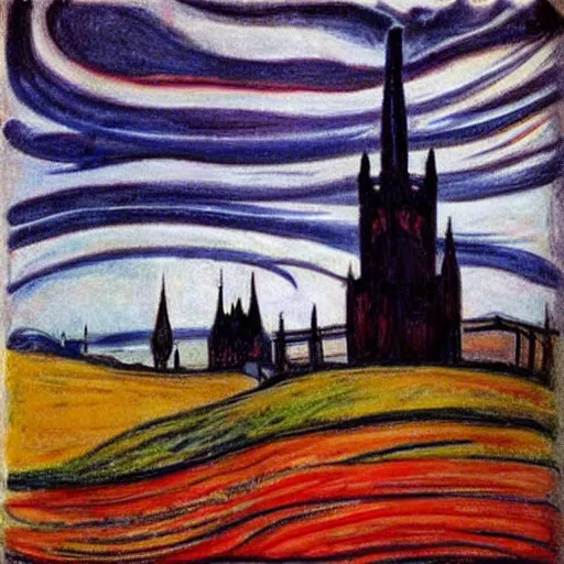 Image similar to beautiful gothic castle landscape in the style of Edvard Munch