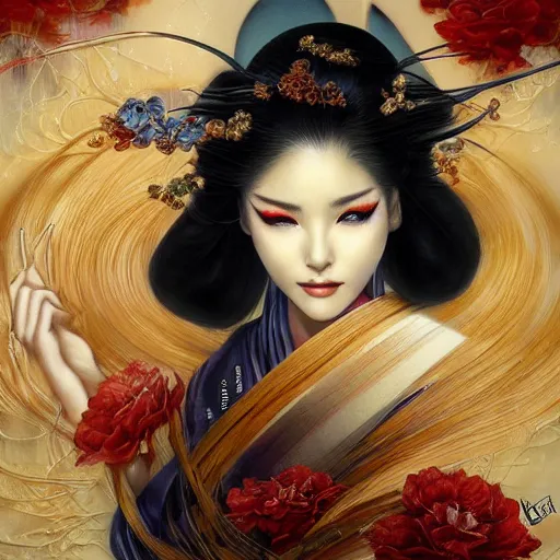 Prompt: a beautiful geisha manipulating water by karol bak, ayami kojima, artgerm, river, water, blue eyes, smile, concept art, fantasy