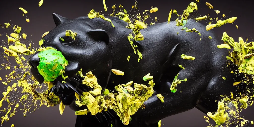 Prompt: abstract composition representing a panther created by a mixture of pistachio ice cream, black marble, dandelions and coca cola being thrown around by centrifugal forces, brilliant museum sculpture, award winning photo, 4k