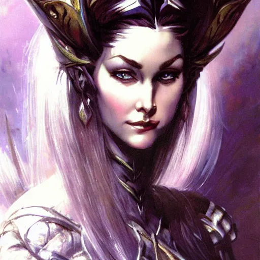 Image similar to elven queen character portrait by frank frazetta, fantasy, dungeons & dragons, sharp focus, beautiful, artstation contest winner, detailed