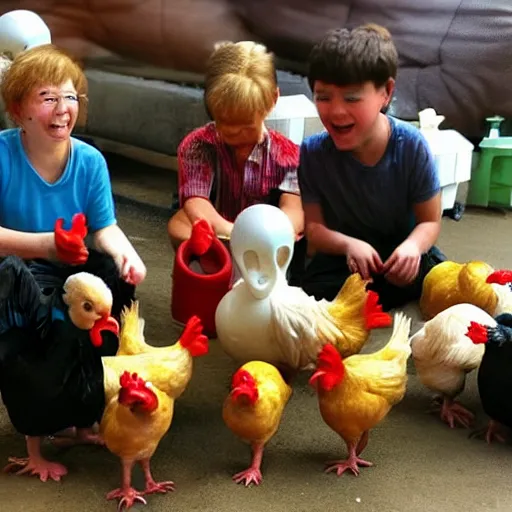 Prompt: chickens with human heads playing with lego