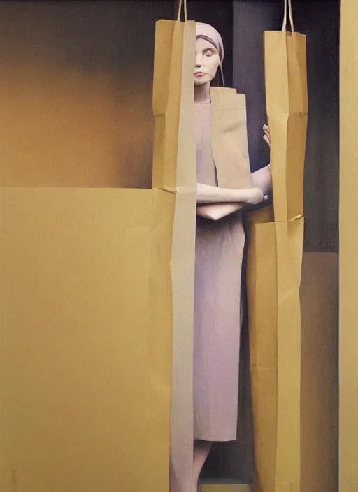 Image similar to woman wearing paper bags for clothes standing inside paper bags at store display Edward Hopper and James Gilleard, Zdzislaw Beksinski, highly detailed