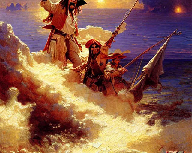 Image similar to jack sparrow sailing a ship, painting by gaston bussiere, craig mullins, j. c. leyendecker