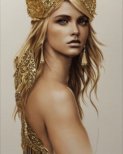 Image similar to tattoo design sketch of hot blonde super model as aphrodite greek goddess wearing a gold laurel wreath and triangle earrings, beautiful piercing gaze with sharp pupils, in the style of greg rutkowski, fantasy, amazing detail, epic, elegant, smooth, sharp focus, front view