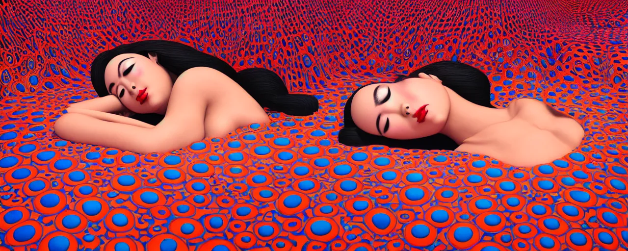 Image similar to realistic detailed image of a geisha laying down in a padded room, conjuring psychedelic background, part by yayoi kusama, part by alex gray, part by ross tran, part by james jean, ultra realistic, highly detailed, life like face, detailed body, 8 k, octane render, trending on artstation, very cohesive, masterpiece